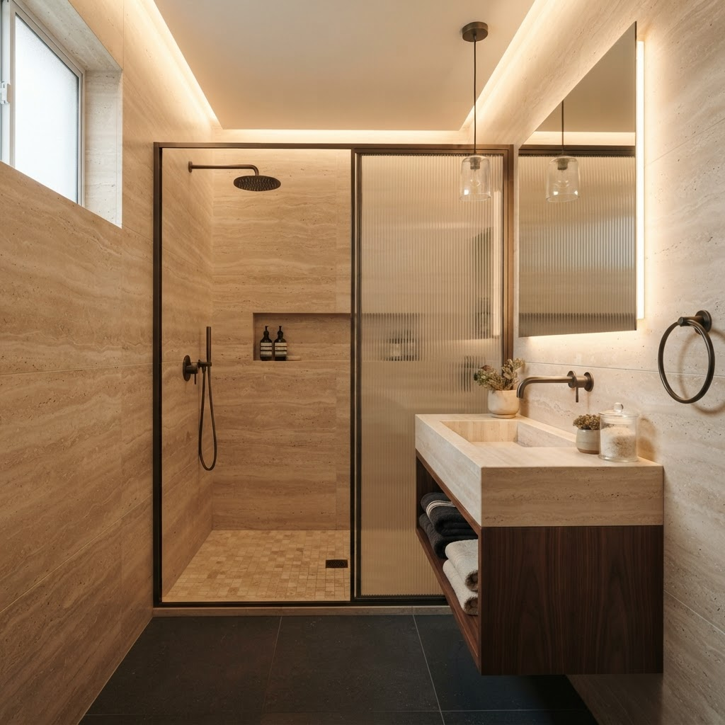 Baño principal en travertino, El Poblado — propuesta renderizada
