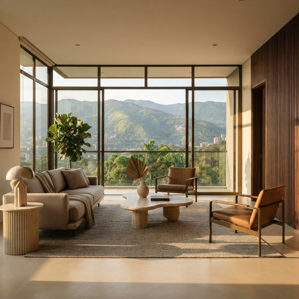 Sala de apartamento remodelado en El Poblado con ventanales de piso a techo y vista a la montaña