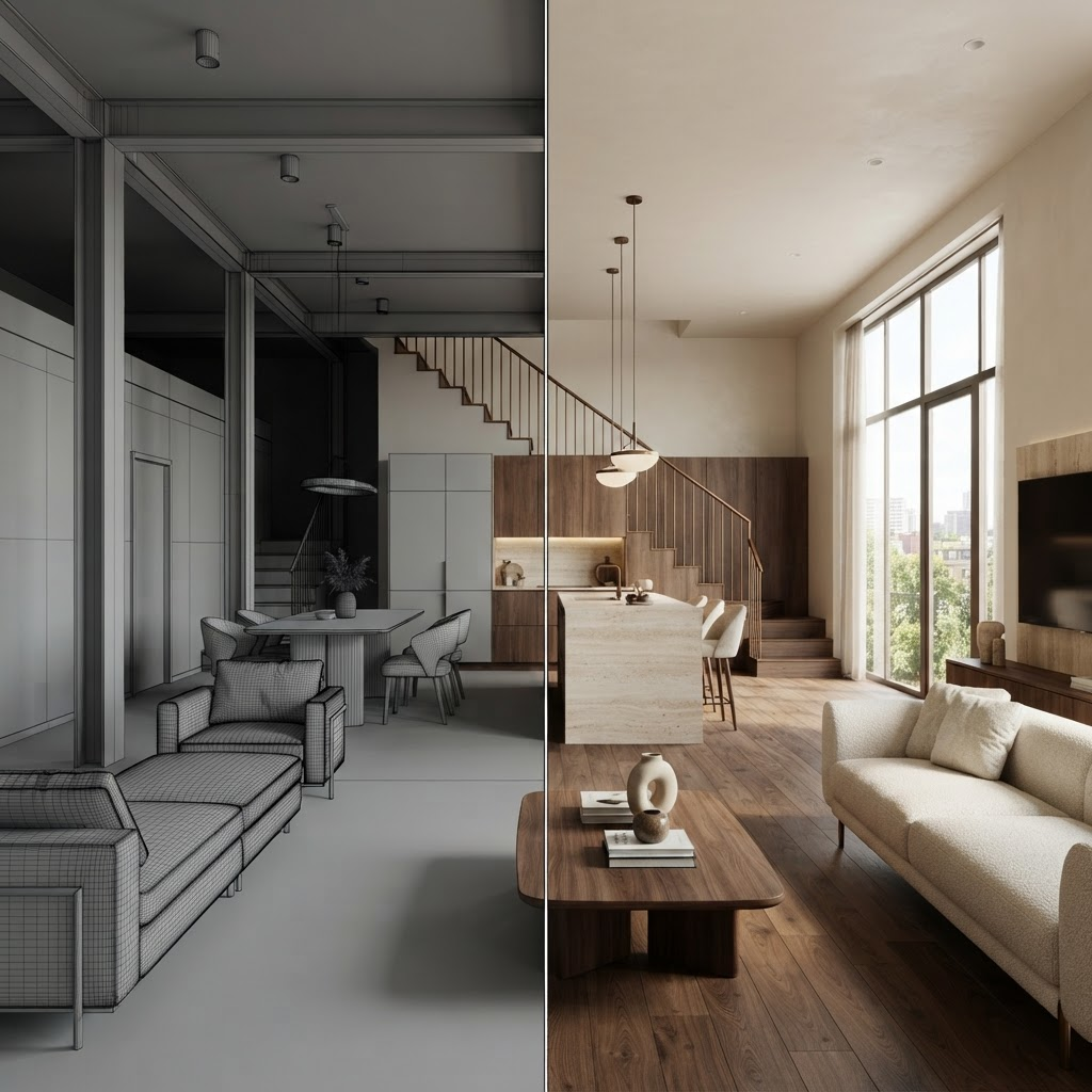 Comparación entre el modelo 3D en malla y el render final fotorrealista de un apartamento